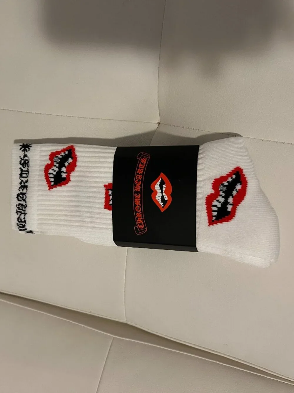 Chrome Hearts White Crew Socks with Red Lip Motif